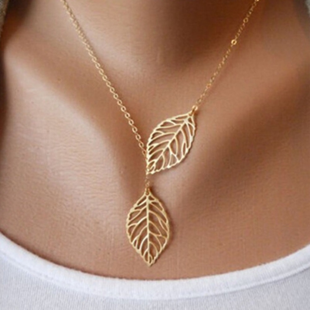 New Double Leaf Y Shaped Statement Necklace